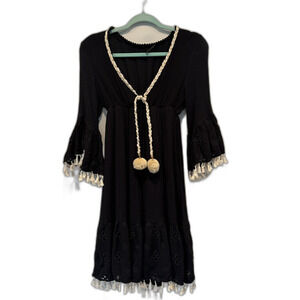 A'Biddikkia Dress Cotton Fringe Flare Sleeve Black Beach Coverup Womens sz XS